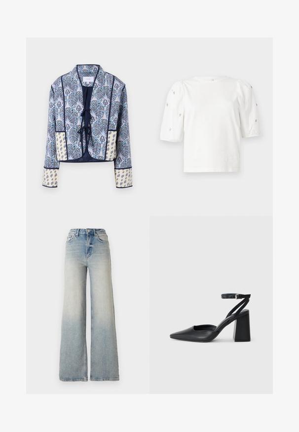VILA VIDELPHINE - Light jacket - birch; White cotton t-shirt with short puff sleeves, featuring small silver embellishments along the sleeves. Classic round neckline, relaxed fit.; Light blue wide-leg jeans made of denim, featuring a high waist, five pockets, and visible stitching along the seams.; Black leather pointy-toe pump with an ankle strap and a chunky heel. Flat texture, sleek design, and minimalistic aesthetics.