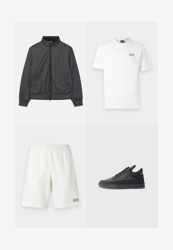 Casaco leve cinza com fecho de correr à frente, gola alta, punhos elásticos e bainha; apresenta bolsos laterais e uma marcação mínima.; T-shirt branca de algodão com decote redondo, mangas curtas e um logótipo preto da EA7 no lado esquerdo do peito. Textura lisa e uniforme.; Calções com cintura elástica branca e logótipo EA7 Emporio Armani preto na parte inferior da perna direita.; Sapatilhas de couro preto com uma superfície texturizada, design de atacadores, cano baixo, e uma sola de borracha cinza com uma borda estriada.