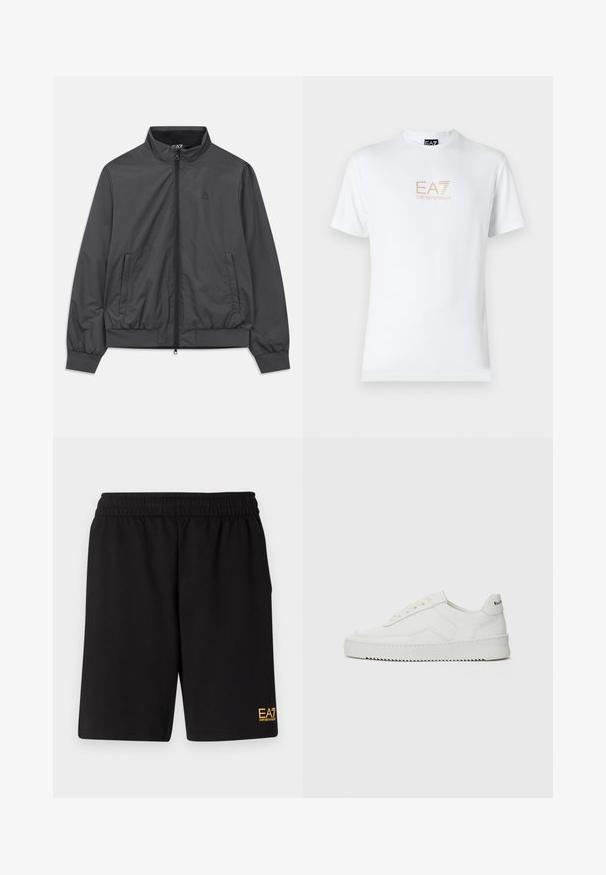 Grå letvægtsjakke med lynlås foran, høj krave, elastiske manchetter og kant; har sidelommer og minimal branding.; Hvid bomulds t-shirt med rund halsudskæring og korte ærmer, prydet med et gold EA7 Emporio Armani logo trykt på forsiden.; Sorte atletiske shorts lavet af blødt stof, med en elastisk talje og et lille gult EA7-logo nederst på venstre ben.; Hvide lædersneakers med en glat overflade, rund tå, flade snørebånd og en tekstureret sål. Har et diskret logo på hælen.