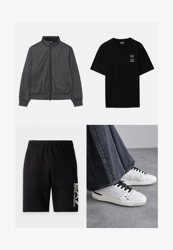 Giacca leggera grigia con zip frontale, colletto alto, polsini e orlo elasticizzati; presenta tasche laterali e branding minimale.; T-shirt nera in cotone con maniche corte, collo a giro e un piccolo etichetta con logo sul davanti che presenta simboli di cura bianchi.; EA7 Emporio Armani TRAIN VISIBILITY - Shorts - black/cream; Sneakers bianchi con lacci neri e dettagli in rete. Presentano una tomaia in pelle liscia e una suola in gomma testurizzata. Abbinate a jeans grigi a gamba larga.