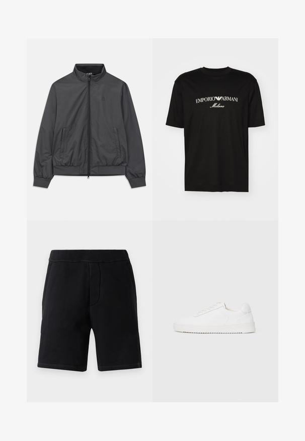 Grå lett jakke med glidelås foran, høy krage, elastiske mansjetter og hem; har sidelommer og minimal branding.; Svart bomulls T-skjorte med rund hals, korte ermer og "EMPORIO ARMANI" logo i hvitt over "Milano" i en buet design.; Sorte treningsshorts laget av mykt materiale; har en elastisk midje, to sidelommer og kontraststing.; Hvit sneaker med en glatt skinnoverdel, avrundet tå, snøring, teksturerte sideakenter og en tykkgummisåle. Minimalistisk design.
