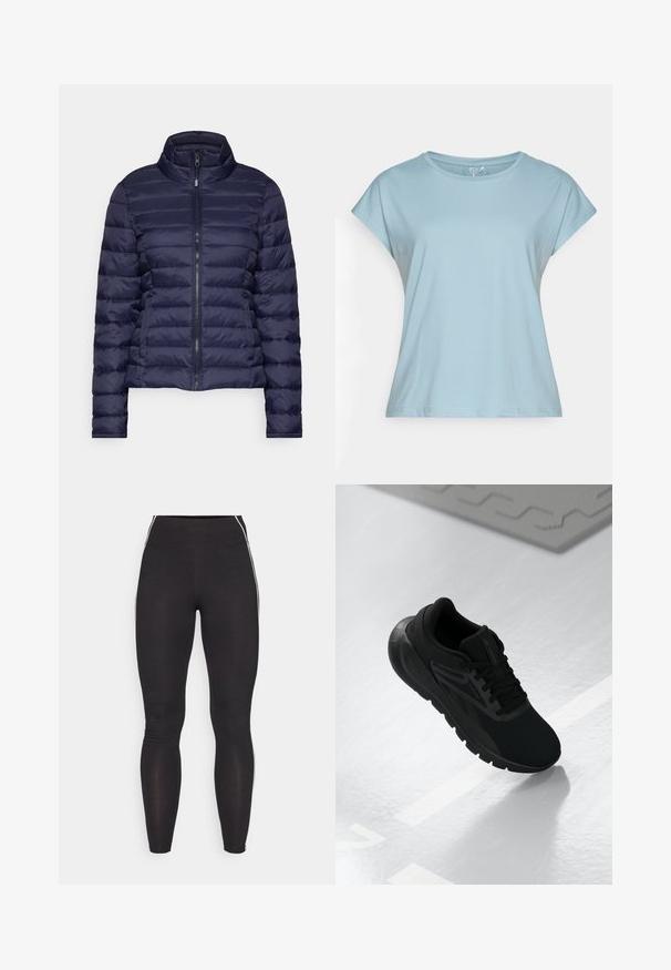 Mornarska puffer jakna z visokim ovratnikom, vodoravnim prešitjem, sprednjim zadrgo in elastičnimi manšetami; izdelana iz gladkega, lahkega materiala.; Svjetloplavi majica kratkih rukava izrađena od mekog materijala. Ima okrugli izrez, opušteni kroj i šavovane rubove. Nema uzoraka ni ukrasa.; Črne legice iz raztegljivega materiala z visokim pasom. Imajo bele stranske črte in gladko teksturo po vsej dolžini.; Črne športne čevlje z mrežasto zgornjim delom, okroglo konico, oblazinjenim podplatom in teksturiranimi detajli, postavljeni na gladko belo površino.