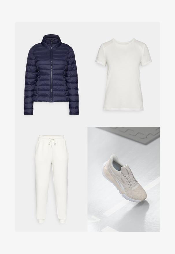 Chaqueta acolchada navy con cuello alto, patrón de acolchado horizontal, cierre frontal y puños elásticos; fabricada en material suave y ligero.; Camiseta blanca de manga corta hecha de una tela suave, con un escote redondo y un corte relajado, con suaves acentos en los hombros sin costuras.; Pantalones de chándal blancos hechos de un tejido suave, con una cintura elástica con cordón, bolsillos laterales y puños ajustados en los tobillos.; Zapatilla deportiva de color beige claro con parte superior perforada, acentos texturizados, cuello acolchado y suela de goma blanca, diseñada para la comodidad y la transpirabilidad.