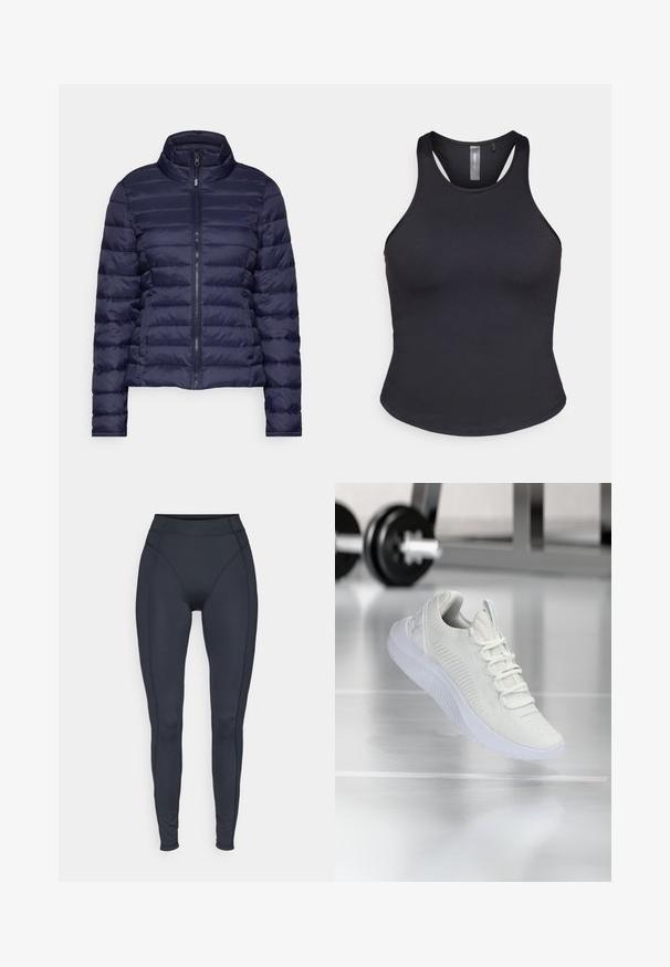 Jachetă puffer de culoare marină, cu guler înalt, model matlasat orizontal, fermoar pe partea din față și manșete elastice; fabricată dintr-un material neted și ușor.; ONLY Play ONPSANA SHORT - Top - black; Leggings negri cu talie înaltă, fabricate dintr-un material elastic, având laturi fără cusături și un design ajustat pentru confort și mobilitate.; Sneaker sportiv alb cu o parte superioară din plasă texturată și sistem de șireturi, având o talpă albă cu un amortizor și accente subtile în formă de nervuri.