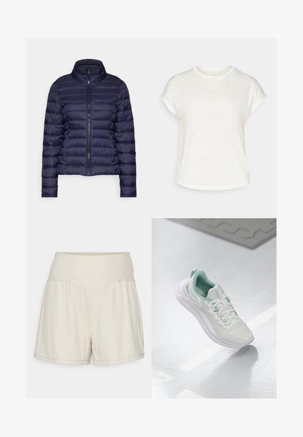 Jachetă puffer de culoare marină, cu guler înalt, model matlasat orizontal, fermoar pe partea din față și manșete elastice; fabricată dintr-un material neted și ușor.; Tricou scurt cu mânecă albă, cu un model floral texturat, guler rotund și croială lejeră. Fabricat dintr-un material moale și ușor.; Pantaloni scurți bej deschis cu o talie texturată în formă de caneluri, design fluid și croială lejeră. Au margini cusute și fante laterale pentru flexibilitate.; Pantof de sport gri deschis, cu un material tricotat texturat, accente verde menta, șireturi albe, talpă din cauciuc și o bucată pentru tragere la călcâi.