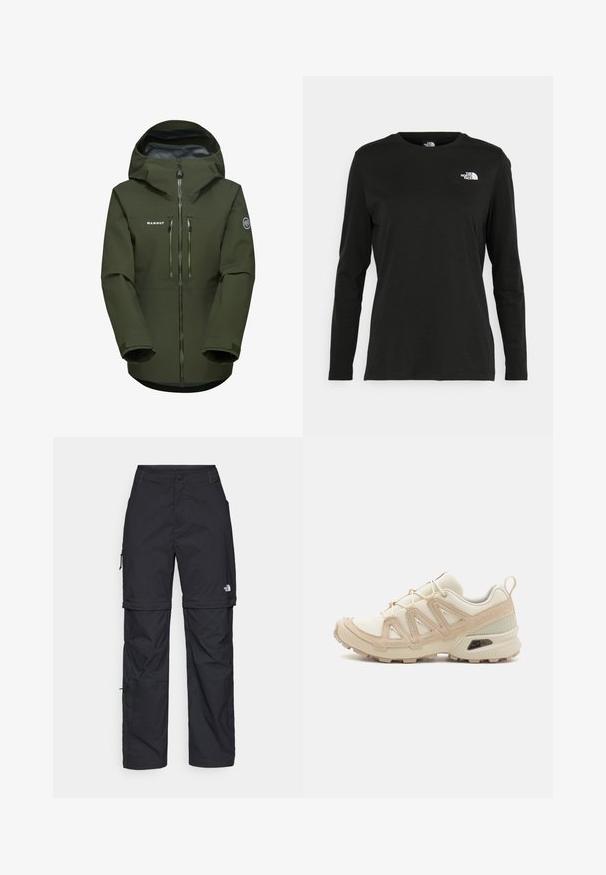 Olivgrüne Mammut-Jacke mit wasserdichtem Frontreißverschluss, zwei Brusttaschen, verstellbarer Kapuze und strukturierten Bündchen. Langlebiges Material.; Schwarzes Langarm-T-Shirt aus Baumwolle mit Rundhalsausschnitt. Verfügt über ein kleines weißes Logo auf der linken Brustseite. Einfaches Design und Passform.; Schwarze Nylon-Zip-Off-Cargohosen mit verstellbaren Bündchen, mehreren Taschen und einem Logo am rechten Bein. Glatte, leichte Textur.; Beige und cremefarbenen Sportschuh mit strukturiertem Mesh-Obermaterial, unterstützenden Überzügen und Gummisohle mit einem Profilmuster für Bodenhaftung.