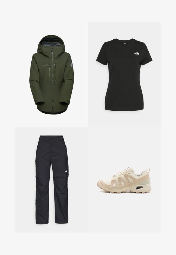 Giacca Mammut verde oliva con zip frontale impermeabile, due tasche sul petto, cappuccio regolabile e polsini testurizzati. Materiale resistente.; T-shirt in cotone nero con collo a giro e maniche corte. Logo bianco ben visibile sulla parte superiore sinistra. Tessuto liscio, vestibilità casual.; Pantaloni cargo in nylon nero con zip rimovibile, polsini regolabili, molteplici tasche e un logo sulla gamba destra. Tessuto liscio e leggero.; Scarpa atletica beige e crema con tomaia in mesh testurizzato, sovrapposizioni supportive e suola in gomma con un motivo a tasselli per la trazione.