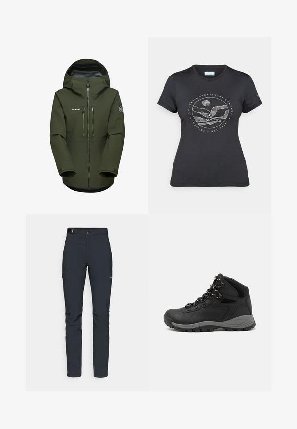 Olive green Mammut jacket with a waterproof front zipper, two chest pockets, adjustable hood, and textured cuffs. Durable material.; Black Columbia t-shirt with white circular mountain and river line art and text "Columbia Sportswear Company Outside Since 1938."; Men's outdoor pants, dark gray, made from flexible material, featuring a belt, zippered pockets, and reinforced stitching.; Black hiking boot with a mid-top design, featuring a textured upper, gray accents, and durable rubber sole with traction lugs.