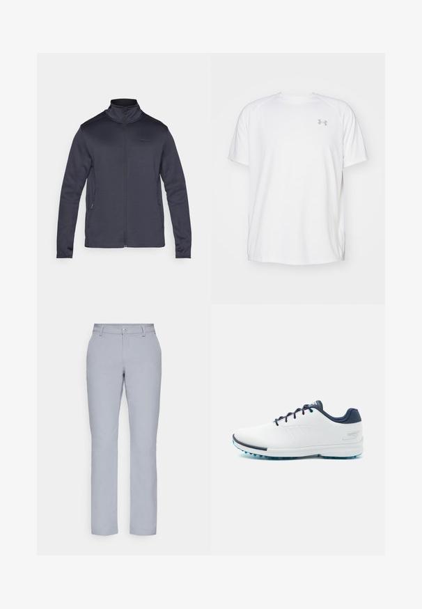 Dark gray zip-up jacket made of soft fabric, featuring a high collar, long sleeves, and side pockets with zipper closures.; White short-sleeve athletic shirt made of smooth fabric. Features a crew neck and gray logo on the left chest, with side slits at the hem.; Light gray trousers with a straight cut, button closure, front pockets, and a smooth, textured fabric. Minimalist design, no patterns.; White athletic shoes with a smooth synthetic upper, blue accents, textured navy heel, and a lightweight, spiked sole for traction.