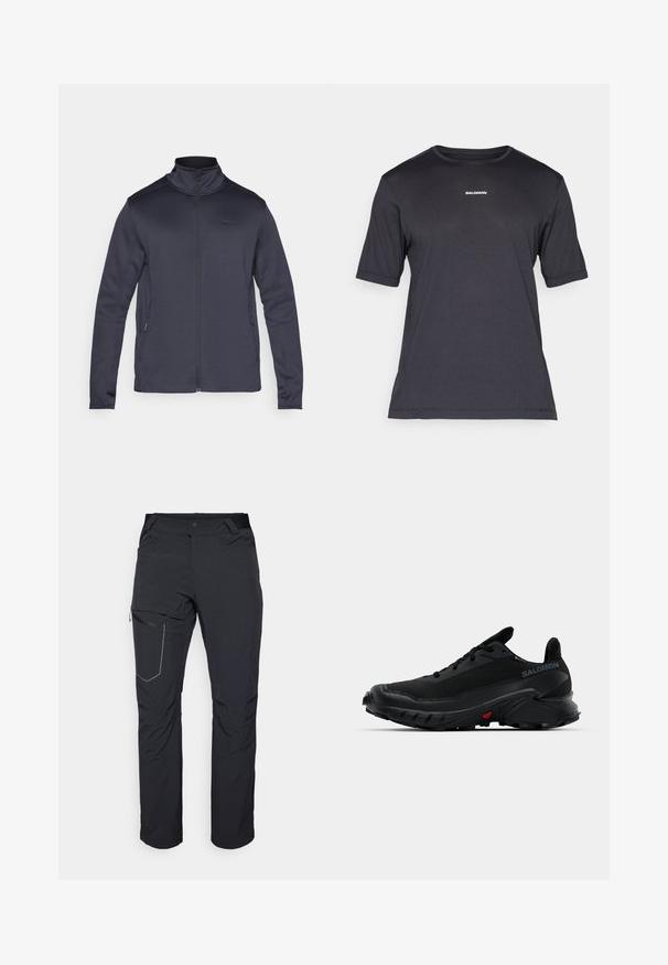 Tumedatehallane tõmblukk-jakk, mis on valmistatud pehmest kangast, kõrge kaelusega, pikkade varrukatega ja küljetaskutega, millel on tõmblukud.; Must have musträtik lühikeste varrukatega, valmistatud hingavast kangast, ümar kaelus ja rinnal väike valge "SALOMON" logo.; Mustad musta värvi välispüksid, millel on tõmblukuga reiepocket, elastne vöökoht ja sile, veekindel kangas. Puhas disain ilma nähtavate logodeta.; Mustad mustes spordijalatsid tekstureeritud pealmise osaga, ümarate varvastega ja silmapaistva kummise alusega. Küljel on logo ning tallal punased detailid.