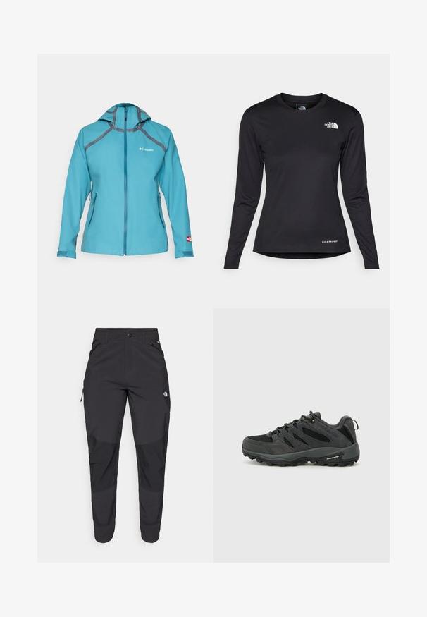 Gaiši zils ūdensnecaurlaidīgs jaka ar kapuci, ar pelēku akcentu, ar rāvējslēdzēja kabatām un rāvējslēdzēja aizdari. Izgatavota no elpojoša materiāla.; The North Face SHADOW LONG SLEEVE - Tops ar garām piedurknēm - black; Melnas āra bikses, kas izgatavotas no izturīgas auduma. Tām ir kabatas ar rāvējslēdzējiem, pastiprināti ceļu paneļi un taisna griezuma dizains, kas nodrošina kustību brīvību.; Columbia REDMOND - Pārgājienu apavi - black/citron haze