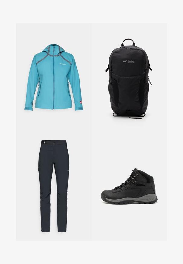 Világoskék vízálló dzseki kapucnival, szürke részletekkel, cipzáras zsebekkel és cipzáras záródással. Légáteresztő anyagból készült.; Fekete Columbia póló fehér, kör alakú hegy és folyó vonalrajzzal, valamint a "Columbia Sportswear Company Outside Since 1938" felirattal.; Férfi kültéri nadrág, sötétszürke, rugalmas anyagból készült, övvel, cipzáros zsebekkel és megerősített varratokkal.; Fekete túracipő közepes magasságú kialakítással, texturált felsőrésszel, szürke részletekkel és strapabíró gumitalppal, amelynek tapadós kiemelkedései vannak.; Fekete Columbia Titanium hátizsák sima textúrájú anyagból, oldalsó zsebekkel, felső fogantyúval és állítható pántokkal. Minimalista dizájn diszkrét márkázással.