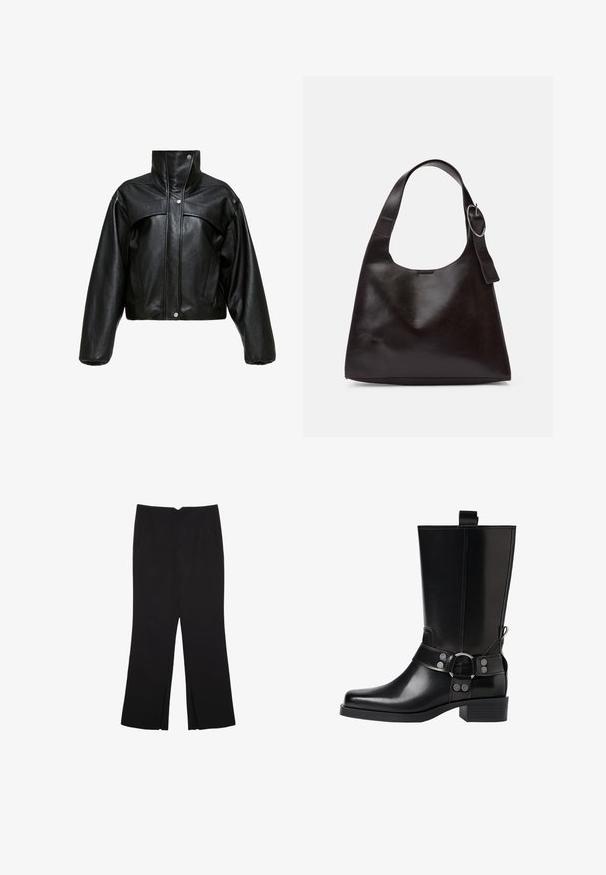 Sort læder cropped jakke med høj krave, der har en let tekstureret overflade, trykknapper og oversized, pufærmer.; Sort striktrøje med lange ærmer, polstrede skuldre og ribkantede manchetter og kant, vist mod en hvid baggrund.; Sorte bukser med lige pasform, der har frontlommer og slidser i kanten. Lavet af blødt, glat stof. Velegnet til forskellige anledninger.; Sort læderknæhøj støvle med spids tå, sølv spænde detaljer og en robust hæl. Har en trækflap for nem påtagning.; Brun læder skuldertaske med en glat tekstur, rund form, bred rem og cirkulært metalaccent på håndtaget.