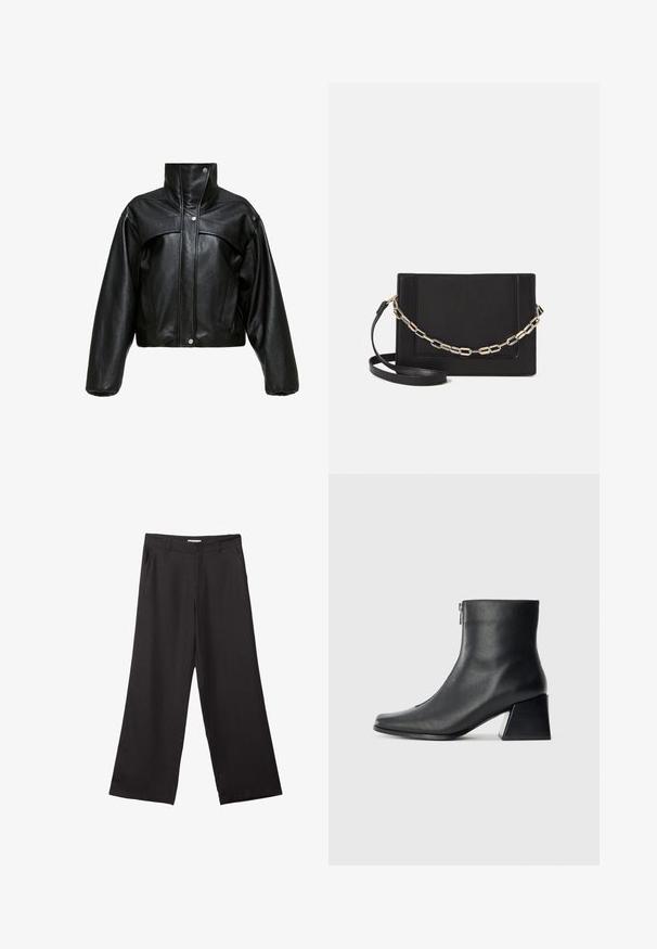 Giacca cropped in pelle nera con colletto alto, caratterizzata da una superficie leggermente strutturata, bottoni a pressione e maniche oversize e voluminosi.; Maglione nero a maniche lunghe in maglia con spalle imbottite e polsini e orlo a coste, mostrato su uno sfondo bianco.; Pantaloni neri a gamba larga realizzati in tessuto liscio, con zip frontale e due tasche laterali, dal taglio sartoriale e design minimalista.; Stivaletto in pelle nera con punta quadrata, cerniera laterale e tacco squadrato su sfondo chiaro uniforme.; Borsa a tracolla nera in pelle con una texture liscia, forma rettangolare e dettaglio in catena metallica sul davanti. Inclusa una tracolla regolabile.