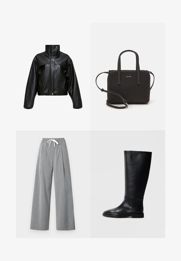 Zwarte leren cropped jack met hoge kraag, voorzien van een licht gestructureerd oppervlak, drukknoopsluitingen en oversized, puffy mouwen.; Zwarte katoenen t-shirt met korte mouwen, ronde hals en klein wit "Calvin Klein" logo op de borst. Gladde textuur, klassieke pasvorm.; Grijze wijde allelengte broeken van lichtgewicht stof met een geplooide voorkant en een elastische tailleband met een witte trekkoord.; Zwarte leren kniehoge laars met een ronde neus, een gladde textuur, een minimalistisch ontwerp en een platte zool. Eenvoudige stikdetails op de schacht.; Zwarte handtas met dubbele korte handvatten en een afneembare schouderriem. Glad, leerachtig materiaal met een ritssluiting en logo-detail.
