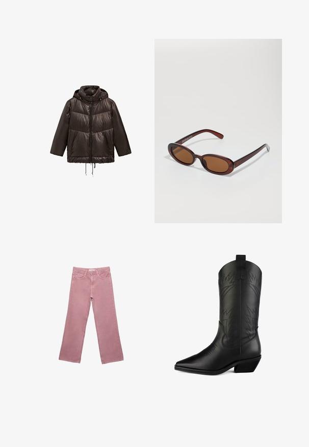 Czarna kurtka puchowa z kapturem, z zamkiem z przodu, elastycznymi sznurkami ściągającymi u dołu oraz kontrastowymi matowymi panelami.; Kremowy sweter z dzianiny z długimi rękawami, wiązaniem przy szyi przypominającym szalik oraz szarymi przeszyciami na kołnierzu i mankietach.; Różowe dżinsy o szerokich nogawkach, wykonane z denimu, z wysokim stanem, przednimi kieszeniami i subtelnymi detalami w postaci przeszyć. Gładka tekstura bez wzorów.; Czarne skórzane kowbojki z ostrym noskiem, zakrzywioną cholewką, ozdobnym przeszyciem i niskim klockiem. Posiadają pętelki ułatwiające zakładanie.; Okrągłe, brązowe okulary przeciwsłoneczne z błyszczącą bordową oprawą. Cienkie ramiona z subtelnym detalem marki. Płaski kształt soczewek.