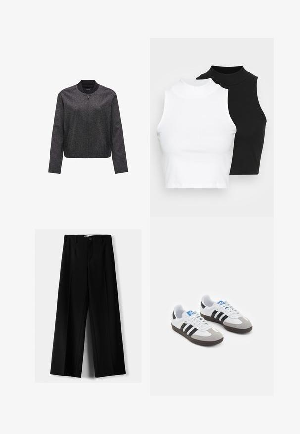 Schwarze Bomberjacke aus strukturiertem Stoff, mit gerippten Bündchen und Kragen, Frontreißverschluss und Seitentaschen. Einfaches und modernes Design.; Zwei ärmellose, gerippte Rollkragenoberteile in Schwarz und Weiß, mit einer figurbetonten Passform und glatter Textur sowie einer cropped Länge.; Schwarze weite Hosen aus leichtem Stoff, mit einem Knopfverschluss vorne und flachem Bund, mit sorgfältig genähten Säumen.; Sportschuhe mit einem Obermaterial aus weißem Leder, grauer Wildleder-Zehenkappe und drei schwarzen Streifen. Sie verfügen über ein blaues Logo auf der Zunge und eine strukturierte Gummisohle.