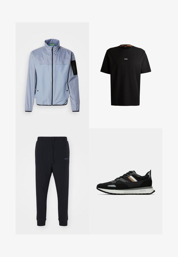 Svetlomodrá, dlhá sako s vysokým golierom, zipsom spredu a čiernymi akcentmi. Obsahuje vrecko na ľavom rukáve a elastické manžety.; Čierne bavlnené tričko s okrúhlym výstrihom, krátkymi rukávmi a bielym logom "BOSS" umiestneným na hrudi. Hladká textúra, voľný strih.; Čierne tepláky vyrobené z mäkkého materiálu s elastickým pásom, šnúrkou na stiahnutie a zúženými nohavicami. Obsahujú malé logo na boku.; Čierna bežecká obuv s textúrovaným povrchom, svetlošedými akcentmi a tromi horizontálnymi pruhmi v hnedej farbe. Obsahuje bielu polstrovanú podrážku.