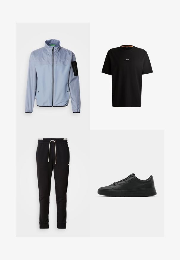 Svjetloplavi, dugi kaput s dugim rukavima i visokim ovratnikom, sa zatvaračem sprijeda i crnim detaljima. Ima džep na lijevom rukavu i elastične manžete.; Črna bombažna majica s krožnim izrezom, kratkimi rokavi in belim logotipom "BOSS" na sredini prsnega dela. Gladka tekstura, sproščen kroj.; Črne slim-fit trenirke s belim vrvico, rebrastimi manšetami in subtilnim logotipom na zgornjem stegnu na enobarvnem ozadju.; Črne superge z gladkim usnjenim zgornjim delom, okroglo konico, ravnimi vezalkami, oblazinjeno ovratnikom in minimalističnim dizajnom. Gumijast podplat z diskretnim profilom.
