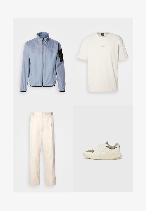 Jachetă lungă, de culoare albastru deschis, cu mâneci lungi, guler înalt, fermoar frontal și accente negre. Are un buzunar pe mâneca stângă și manșete elastice.; BOSS TEE - Tricou basic - open white; Pantaloni din bumbac bej, cu croială dreaptă, dotati cu închidere cu nasture și pliuri în față pentru un plus de detaliu.; Tenis sportivi alb și bej deschis, cu un înveliș din plasă, detalii perforate și o talpă intermediară texturată, având marcaj pe călcâi.
