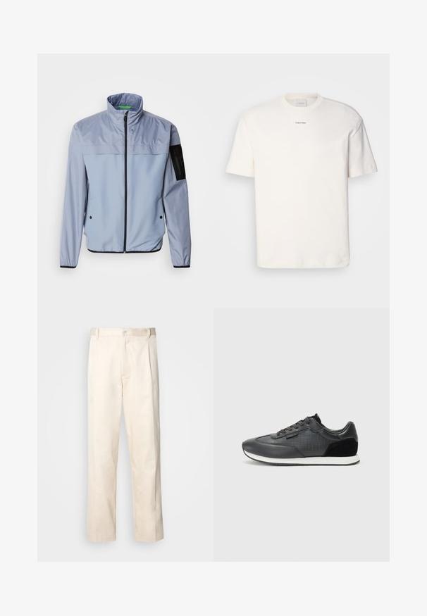 Gaiši zila, garām piedurknēm jakas ar augstu apkakli, ar rāvējslēdzēja priekšpusi un melniem akcentiem. Iespējas ir kabata kreisajā piedurknē un elastīgas aproces.; Balta kokvilnas T-kreklu ar apaļu kaklu, īsām piedurknēm un izšūtu "Calvin Klein" logotipu krūšu centrā. Vienkāršs dizains.; Bežā krāsā auduma bikses ar taisnu kāju griezumu, pievienotām pogu aizdares un priekšējiem krokām papildu detaļām.; Melni sporta kurpju zābaki, kas izgatavoti ar ādas augšdaļu, ar perforētu dizainu, zamšādas akcentiem un baltu gumijas zoli. Klasiska auklu pievēršana.