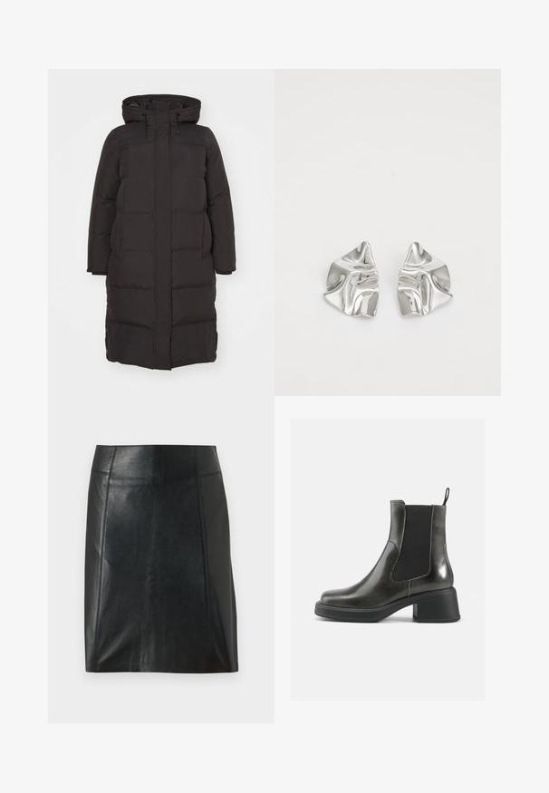 Črna puhovka s kapuco, z nagubanimi vzorci, sprednjim zadrgo in stranskimi žepi; zasnovana za toploto in udobje.; Bela rebrasta majica brez rokavov z okroglo izrezom, s pravo hem in gladko, elastično strukturo.; Črna usnjena krilo s prilegajočo zasnovo. Gladka tekstura, šivi, ki obdajajo obliko, in ravna obroba. Minimalističen in eleganten videz.; Črne usnjene gležnjarje z gladko površino, elastičnimi stranskimi paneli in masivnim petami. Imajo praktično zanko za lažje obuvanje.; Srebrni kovinski uhani z valovitim, skulpturalnim dizajnom, ki se ponašajo s poliranim zaključkom in nerednimi oblikami, kar poudarja sodobno estetiko.