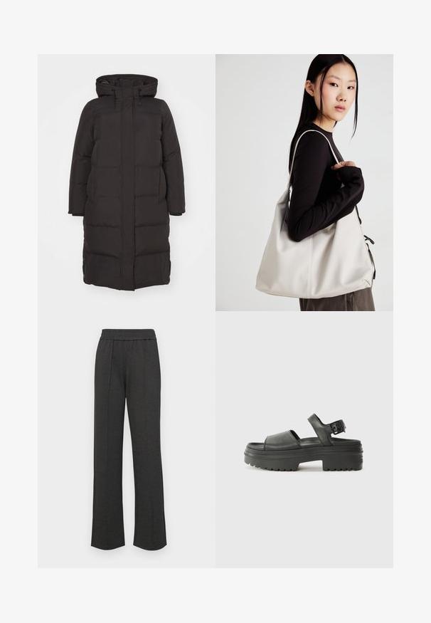 Doudoune noire avec capuche, présentant un motif matelassé, fermeture éclair à l'avant et poches latérales ; conçue pour la chaleur et le confort.; T-shirt blanc court en coton avec des manches courtes, un col rond et un ourlet droit, présentant une texture lisse et un design minimal.; Pantalons droits noirs avec une taille élastique, des plis avant, un tissu doux et sans motifs ni détails matériels visibles.; Sandales plates noires en matériau texturé avec un bout ouvert, une bride de cheville et une semelle en caoutchouc épaisse et striée.; Sac à main beige en matériau souple, avec un design décontracté, des détails cousus et deux poignées. Idéal pour un usage quotidien.