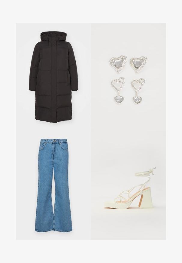Schwarze Daunenjacke mit Kapuze, ausgestattet mit einem gesteppten Muster, vorderer Reißverschluss und Seitentaschen; konzipiert für Wärme und Komfort.; Weißes ärmelloses Top mit rundem Ausschnitt. Hergestellt aus glattem Stoff, hat es einen lässigen Schnitt und minimalistisches Design. Keine Muster oder Akzente.; Helle blaue Schlagjeans aus Denim, mit hoher Taille, fünf Taschen und einem einzelnen Knopfverschluss. Weiche Textur mit ausgeblichener Optik.; Weiße High-Heel-Sandale mit einem klobigen Absatz, die über ein Riemchendesign und ein Knöchelband verfügt. Glatte Textur mit einer Plattform vorne für zusätzliche Höhe.; Silberne herzförmige Ohrringe mit facettierten klaren Steinen und einem strukturierten Rahmen. Das Set umfasst Stecker- und Anhänger-Stile.