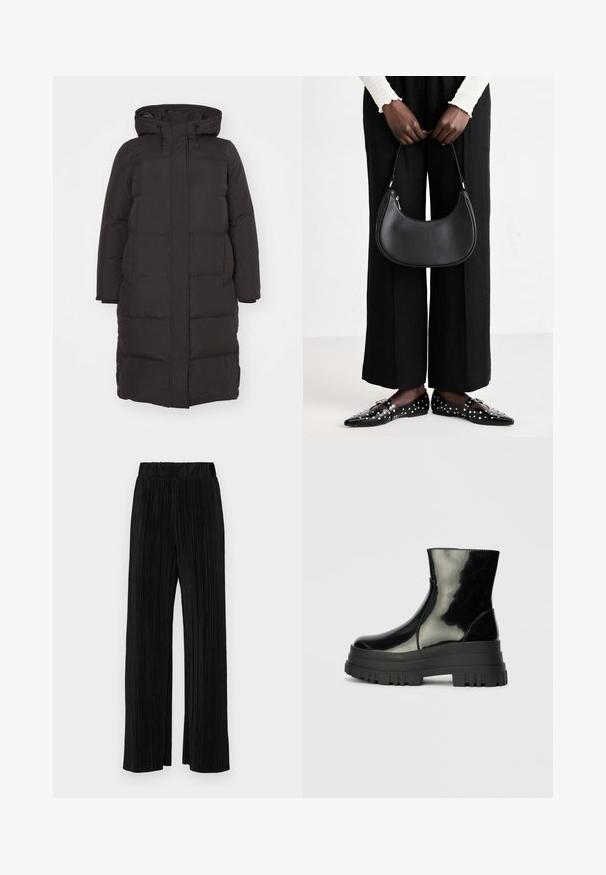 Black puffer coat with a hood, featuring a quilted pattern, front zipper closure, and side pockets; designed for warmth and comfort.; Black short-sleeve t-shirt with a round neckline, crafted from soft cotton fabric. Simple design, no visible logos or patterns.; Black pleated trousers with an elastic waistband. Features wide legs and a smooth, textured fabric with vertical stripes.; Black glossy ankle boot with thick lug sole and rounded toe, side view on plain light gray background.; Black leather shoulder bag with a rounded shape, glossy finish, and silver hardware. Person wearing black wide-leg pants and studded loafers.