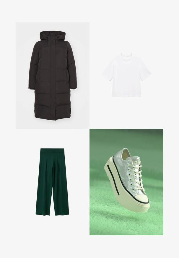 Čierna prešívaná bunda s kapucňou, so zapínaním na zips vpredu a bočnými vreckami; navrhnutá pre teplo a pohodlie.; Biely bavlnený tričko s krátkym rukávom a okrúhlym výstrihom. Jednoduchý dizajn, voľný strih, hladká textúra. Žiadne vzory ani akcenty nie sú viditeľné.; Tmavozelené nohavice so širokými nohavicami vyrobené z mäkkej tkaniny. Obsahujú rebrovaný pás, záhyby vpredu a hladký povrch.; Metalické strieborné tenisky s platformovou podrážkou, bielymi šnúrkami a čiernymi akcentmi. Majú zaoblenú špičku a texturovanú gumovú podošvu.