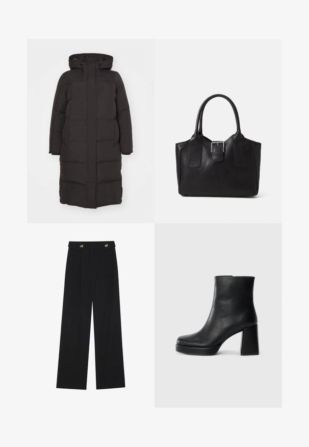 Schwarze Daunenjacke mit Kapuze, ausgestattet mit einem gesteppten Muster, vorderer Reißverschluss und Seitentaschen; konzipiert für Wärme und Komfort.; Metallisch schwarzes ärmelloses Top mit einem plisseeartigen Design, gerundetem Ausschnitt und gerafftem Saum. Markenlabel "ANNA FIELD" innen sichtbar.; Schwarze weite Hosen mit hoher Taille, Knopfdetails am Bund und vorderen Falten.; Schwarze Leder-Stiefelette mit Blockabsatz und Plattformsohle, seitlich auf einem schlichten weißen Hintergrund betrachtet.; Schwarze Leder-Tote mit glatter Textur, strukturiertem Design, zwei Griffen und einem auffälligen silbernen Schnallen-Detail auf der Vorderseite.