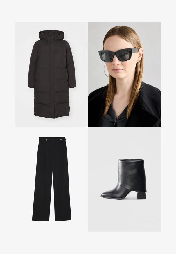 Schwarze Daunenjacke mit Kapuze, ausgestattet mit einem gesteppten Muster, vorderer Reißverschluss und Seitentaschen; konzipiert für Wärme und Komfort.; Schwarz langärmliges Oberteil mit ausgestellt geschnittenen Bündchen, weicher Textur und entspannter Passform, mit einem schlichten runden Halsausschnitt.; Schwarze weite Hosen mit hoher Taille, Knopfdetails am Bund und vorderen Falten.; Schwarze Lederstiefelette mit spitzer Zehenform, glatter Oberfläche und strukturiertem Blockabsatz. Mit einem hohen, gefalteten Schaftdesign.; Schwarze Katzenaugen-Sonnenbrille mit dunklen Gläsern, dicken Rahmen und subtilen Akzenten. Getragen mit einem schwarzen Mantel und einem grauen Oberteil, dazu lange, glatte Haare.