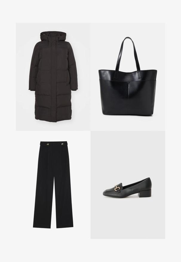 Juodas pūkinis paltas su gobtuvu, turintis siuvinėtą raštą, priekinį užtrauktuką ir šonines kišenes; sukurtas šilumai ir patogumui.; Juoda palaidinė su trumpomis, permatomomis volanėlėmis, apvali iškirpte ir minkšta, lygi medžiaga. Paprastas dizainas be papildomų raštų ar akcentų.; Juodi plačios kojos kelnės su aukštu liemeniu, sagų detalėmis ant liemens ir priekinėmis raukšlėmis.; Juodi odiniai loaferiai su plokščiu kulnu, su dekoratyvia auksine detalės priekyje ir glotnia tekstūra.; Juoda odinė rankinė su dviem ilgais diržais, lygiu paviršiumi ir struktūrizuota forma. Yra priekinė kišenė papildomam saugojimui.