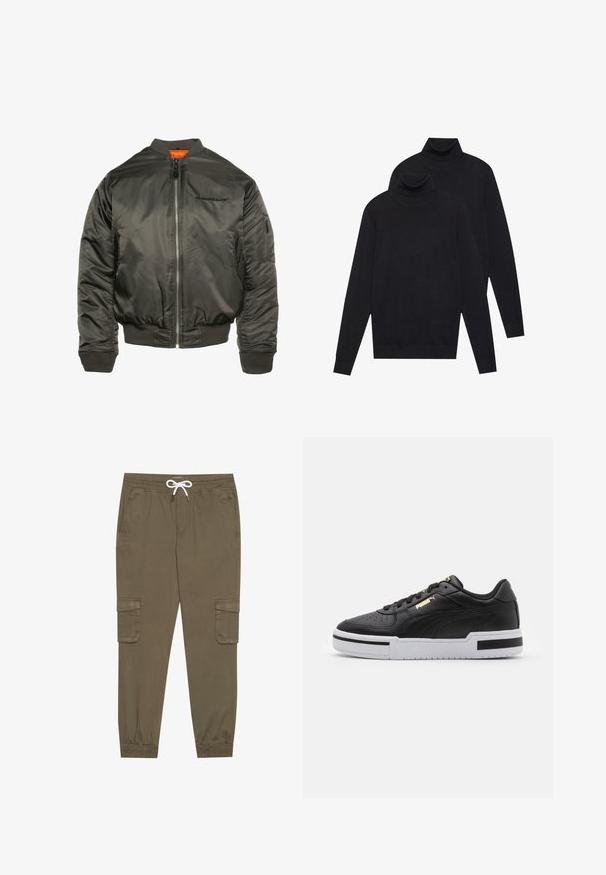 Bomberjakke i mørk olivengrøn, lavet af blank nylon. Har lynlås foran, ribbekant ved ærmer og nederkant samt en orange foring. Logo på brystet.; To sorte langærmede turtleneck-trøjer, ensfarvede strikkede, stablet med den ene lidt bag den anden på en hvid baggrund.; Khaki cargo bukser med elastisk linning og snor, med sidelommer og manchetter ved anklerne. Fremstillet af et tekstureret, let materiale.; Sort lædersneaker med hvid mellemsål, perforeret tå, guld logo detalje, polstret krave og kontrasterende sorte accenter på siden.