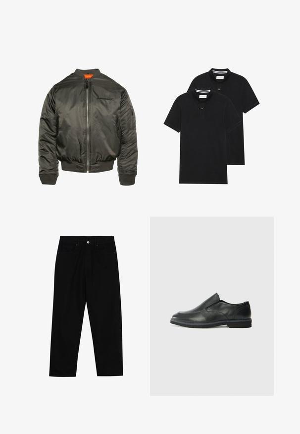 Sötét olajzöld bomber dzseki, fényes nylonból készült. Elülső cipzárral, bordás mandzsettákkal és alsó résszel, valamint narancssárga béléssel rendelkezik. Logó a mellrészen.; Két fekete pólóing, rövid ujjú, pamut anyagból készült, klasszikus gallérral, két gombos gombolással, és fehér csíkos díszítéssel a gallér belső részén.; Fekete farmernadrág, egyenes szabással, öt zsebből álló dizájnnal és elülső gombos záródással. Simább felület minimális varrási részletekkel.; Fekete bőr, slip-on cipő sima felsőrésszel, varrott díszítéssel, lekerekített orral és alacsony gumitalppal. A talpa minimális bordázattal rendelkezik.