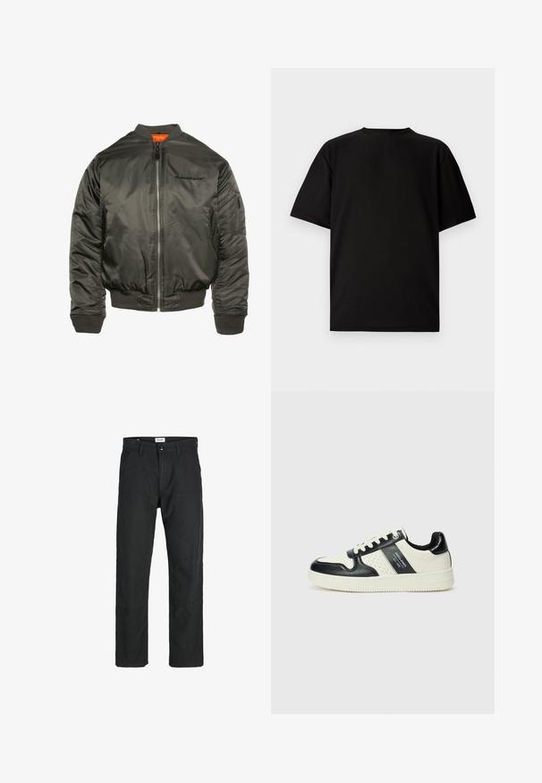 Tumedas oliivroheline pommitaja jope, valatud läikivast nailonist. Omab lukuga esiosa, soonikkoes mansette ja allserva ning oranž sisetükk. Logo rinnal.; Mustus lühikeste varrukatega T-särk ribakanga materjalist. Omab ümmargust kaelust ja lõõgastavat istuvust, millel on sile tekstuur. Ainult tagavaade.; Mustad mustad, mis on valmistatud vastupidavast kangast, sirge jala disainiga, õmmeldud detailidega ja kahe eesmise taskuga funktsionaalsuse jaoks.; Nahatud nahkkingad musta ja kreemi värviskeemiga, millel on perforeeritud aktsendid, pehme krae ja tekstureeritud tallad.