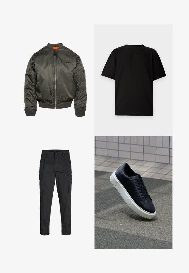 Bomberjacke in dunkelolivgrün, aus glänzendem Nylon. Mit Reißverschluss vorne, gerippten Bündchen und Saum sowie einem orangefarbenen Futter. Logo auf der Brust.; Schwarzes kurzärmeliges T-Shirt aus geripptem Stoff. Mit rundem Halsausschnitt und lockerer Passform sowie glatter Textur. Nur Rückansicht.; Schwarze Cargo-Hose aus robustem Material, mit mehreren Taschen, einem Knopfverschluss und einem Slim-Fit-Design mit schmal zulaufenden Beinen.; Schwarze Leder-Sneaker mit runder Zehenpartie und weißer Gummisohle. Verfügt über flache Schnürsenkel und minimale Nähte im Obermaterial. Strukturiertes Sohlenprofil für besseren Halt.