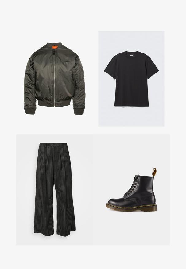 Tumši olīvu zaļā krāsā izgatavota bomber jaka, kas izgatavota no spīdīga neilona. Iespējas ietver rāvējslēdzēja priekšpusi, ribotas piedurknes un apakšmalu, kā arī oranžu iekšējo oderi. Logo uz krūtīm.; Melnas īsām piedurknēm t-krekls, kas izgatavots no kokvilnas. Tam ir apaļa kakla izgriezne un brīva piegriezuma siluets. Vienkāršs dizains bez rakstiem vai akcentiem.; Melnas strīpainas platās bikses ar pieūgumiem, ar pielāgotu dizainu un mīkstu tekstūru. Nav redzamu detaļu vai akcentu.; Melnas ādas potīšu zābaki ar dzeltenām šuvēm, šņorējama priekšpuse, noapaļota purngala forma un teksturēta gumijas zole. Aizmugurē ir cilpa, ko var izmantot, lai ērti uzvilktu zābakus.