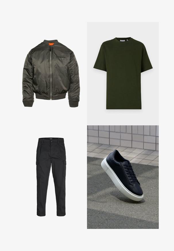 Bomberjack in donkergroen olijfgroen, gemaakt van glanzend nylon. Voorzien van een rits aan de voorkant, ribgebreide mouwen en zoom, en een oranje voering. Logo op de borst.; Donkergroene, korte mouw t-shirt van katoen. Ronde hals, relaxte pasvorm en een gladde textuur zonder zichtbare patronen of accenten.; Zwarte cargobroek van stevig stof, met meerdere zakken, een knoopsluiting en een slim fit ontwerp met taps toelopende benen.; Zwarte leren sneaker met een ronde neus en een witte rubberen zool. Voorzien van platte veters en minimale stiksels op het bovenwerk. Textuurrijke zool voor grip.