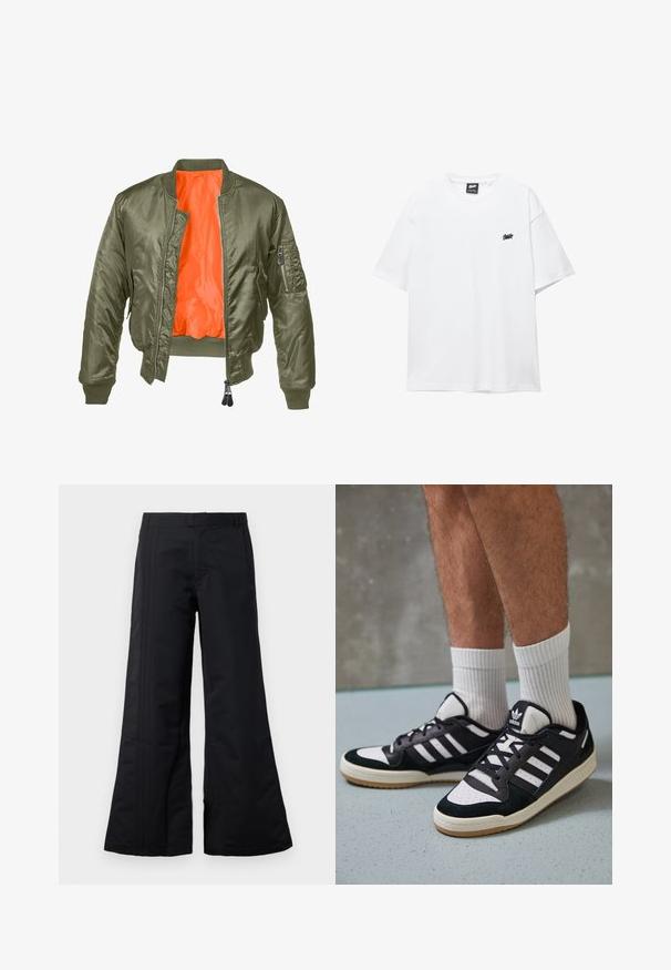 Olivově zelená bombarďácká bunda se zipem vpředu, žebrovanými manžetami a oranžovou podšívkou. Obsahuje boční kapsu se zipovým uzávěrem a hladkým saténovým povrchem.; Bílý bavlněný tričko s krátkým rukávem, kulatým výstřihem a malým černým logem na hrudi. Hladká textura a volný střih.; Černé široké kalhoty vyrobené z hladkého materiálu, s předními sklady a pasem. Čistý design bez viditelných vzorů nebo akcentů.; Černobílé tenisky s vrchní částí z semišové a kožené kůže, včetně tří bílých pruhů, perforovaného špičky a podrážky z gumy.