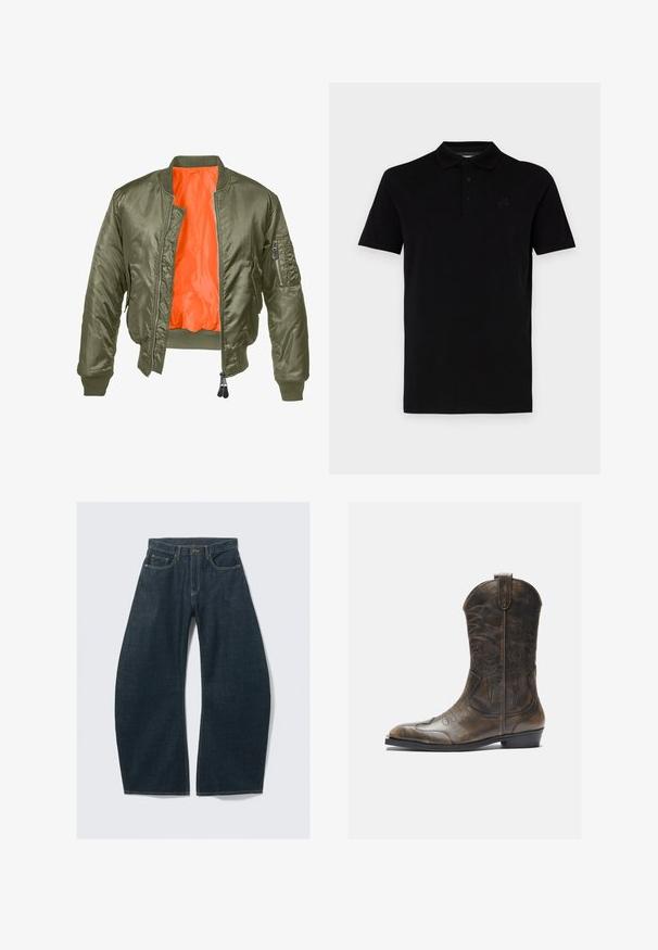 Maslinasto zeleni bomber jakna s patentnim zatvaračem, rebrastim rukavima i narančastom oblogom. Ima bočnu džep s patentnim zatvaračem i glatku satensku teksturu.; Crna polo majica s kratkim rukavima, izrađena od glatke tkanine. Ima klasičnu ovratnicu i tri gumba, s suptilnim logotipom na prsima.; Tamnoplave široke traperice od trapera, s pet džepova, vidljivim šavovima, zatvaranjem na gumb i čistim završetkom.; Smeđe kožne kaubojske čizme s visokim okovratnikom, šiljatim prstom, složenim uzorcima šavova i malim potpeticom. Teksturalna obrada cijelom površinom.