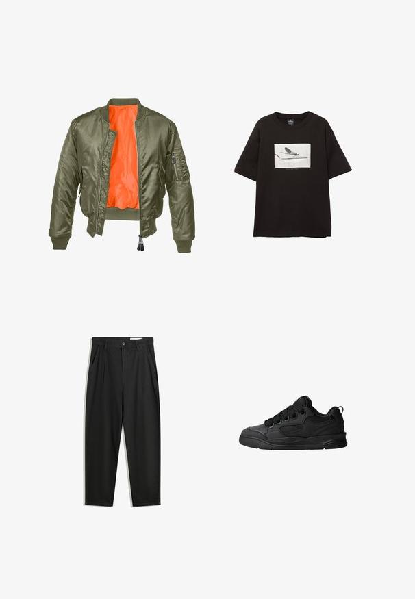 Olivově zelená bombarďácká bunda se zipem vpředu, žebrovanými manžetami a oranžovou podšívkou. Obsahuje boční kapsu se zipovým uzávěrem a hladkým saténovým povrchem.; Černé bavlněné tričko s krátkým rukávem, které má bílou obdélníkovou grafiku muňky na tenké lince, minimalistické logo pod obrázkem.; Černé bavlněné kalhoty s uvolněným střihem, klasickým pasem, předními záhyby a bočními kapsami. Hladká textura bez vzorů.; Černé tenisky s texturovaným svrškem, obsahující šněrování, síťované detaily pro prodyšnost, polstrovaný límec a pevnou podrážku.