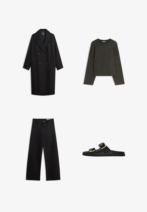 Fekete gyapjú kabát, kétgombos elülső résszel, nagy hajtókákkal, két elülső zsebbel és háromnegyed hosszúságú ujjal. Simább textúra.; Sötétszürke, hosszú ujjú felső, pamut-összeállítású anyagból. Téglalap alakú, kerek nyakkivágással és lejjebb húzott vállakkal, látható varrásokkal.; Fekete, bő szabású farmernadrág magas derékkal, elülső és hátsó zsebekkel, varrott felületekkel és gombos záródással. Sima textúra.; Fekete csúszó szandál, két arany csattal, sima textúrájú anyagból, lapos talppal és minimalista dizájnnal.
