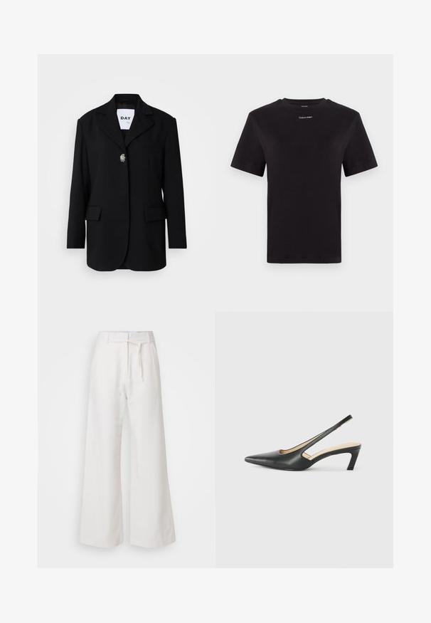 Musta bleiseri, jossa on viilokäänteet, kaksi etutaskua ja yksi nappisulku, jossa on koristeellinen rintakoru. Sujuva kangas.; Musta puuvillapaita lyhyillä hihoilla, pyöreä pääntie ja pieni valkoinen "Calvin Klein" -logo rinnassa. Silkkinen pinta, klassinen istuvuus.; DAY Birger et Mikkelsen TERRI SOLID - Housut - cloud cream; Musta, kärjeltään terävä slingback-kengä, jossa on matala korko. Kengässä on sileä nahkamateriaali ja sivuilla leikkaukset hengittävyyttä varten.