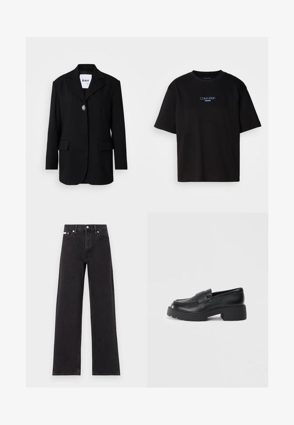 Melnas žaketes ar iegrieztām atlokām, divām priekšējām kabatām un vienas pogas aizdari, kurai pievienota dekoratīva piespraude. Gluda auduma tekstūra.; Melna kokvilnas T-kreklu ar apaļu kaklu, īsām piedurknēm un zilu izšūtu "Calvin Klein JEANS" logo priekšpusē.; Melni platmalu džinsi, kas izgatavoti no denima, ar augstu vidukli, piecu kabatu dizainu un metāla pogas aizdari ar kontrastējošu šuvumu.; Melnas ādas loaferi ar teksturētu virsmu, kuru priekšā ir taisnstūrveida siksna un masīvs, rugājiem līdzīgs zole dizains.