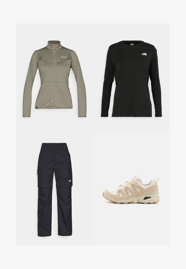 Ljus olivgrön damjacka med dragkedja, långa ärmar, hög krage, två fickor med dragkedja och liten vit logotyp på bröstet.; Svart långärmad t-shirt i bomull med rund hals. Har en liten vit logotyp på vänster bröstområde. Enkelt design och passform.; Svarta nylonbyxor med avtagbara ben, justerbara muddar, flera fickor och en logotyp på högra benet. Slät, lätt textur.; Beige och krämfärgad atletisk sko med texturerad meshovandel, stöttande överdrag och gummisulor med ett mönster för grepp.