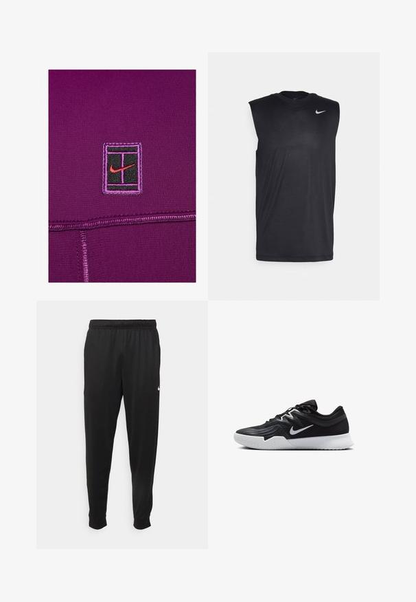 Nike Performance HERITAGE - Sportinė striukė - sangria/picante red; Juodas be rankovių sportinis marškinėlis, pagamintas iš lygaus audinio, su apvalia iškirpte ir mažuoju baltu "Nike" swoosh logotipu kairėje viršutinėje pusėje.; Juodi sportiniai kelnės, pagamintos iš lygaus audinio, turinčios elastinę juosmenį, siaurėjantys sijonai ir mažas baltas logotipas kairėje pusėje.; Juodos sportinės bateliai su tekstūruota viršutine dalimi, balta Nike swoosh ir balta gumine išorine dalimi. Yra su raištelių užsegimo dizainu ir dinamine forma.