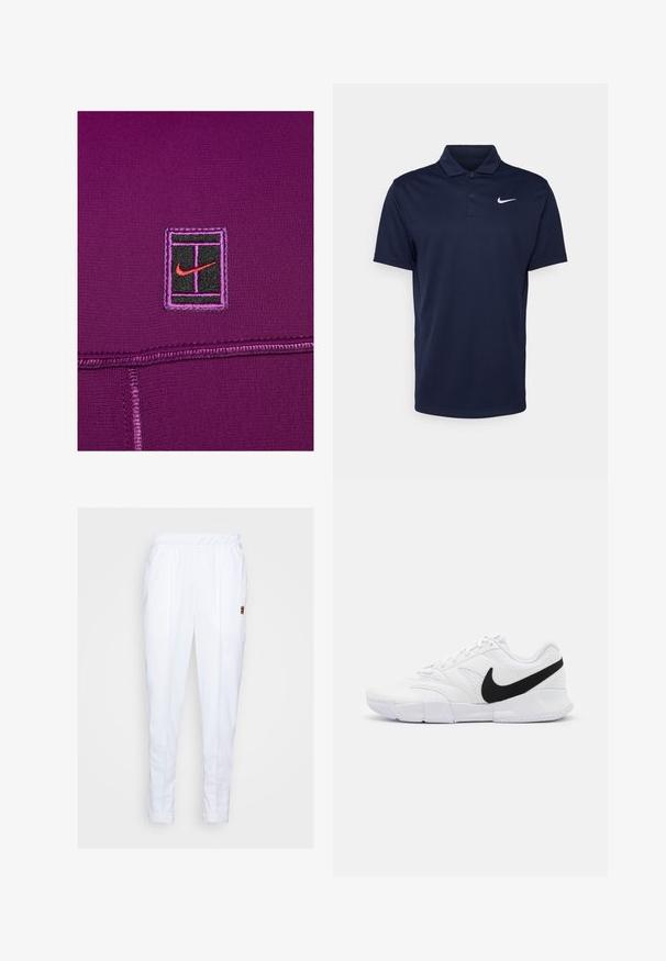 Nike Performance HERITAGE - Trainingsjacke - sangria/picante red; Navyblaues Polohemd aus glattem Stoff, mit einer Drei-Knopf-Leiste, kurzen Ärmeln und einem kleinen weißen Nike-Logo auf der Brust.; Weiße Sporthose mit elastischem Taillenbund, seitlichen Taschen und dezenten Nähten entlang der Beine.; Weiße Sportschuhe mit einer strukturierten Oberseite, schwarzem Nike-Swoosh, gepolstertem Schaft und einer soliden Gummisohle mit Musterprofil.