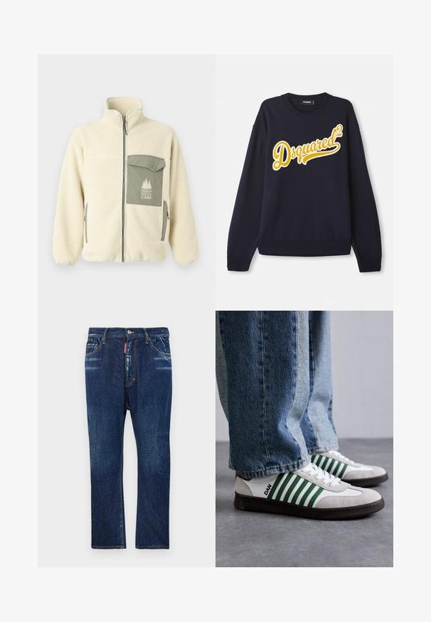 Fleece jack in roomkleur met een hoge kraag, ritssluiting aan de voorkant en een groene borstzak met een logo en knoopsluiting.; Marineblauwe trui van zachte stof, met een groot geel geborduurd "Dsquared²" logo op de voorkant, ribbelkraag, boorden en zoom.; Donkerblauwe denim jeans met een rechte pasvorm, voorzien van lichte vervaging, gele stiksels, voorzakken en een knoopsluiting.; Witte en groene sneaker van suede en leer, met groene strepen, witte veters en een rubberen zool. Gstyled met blauwe jeans.