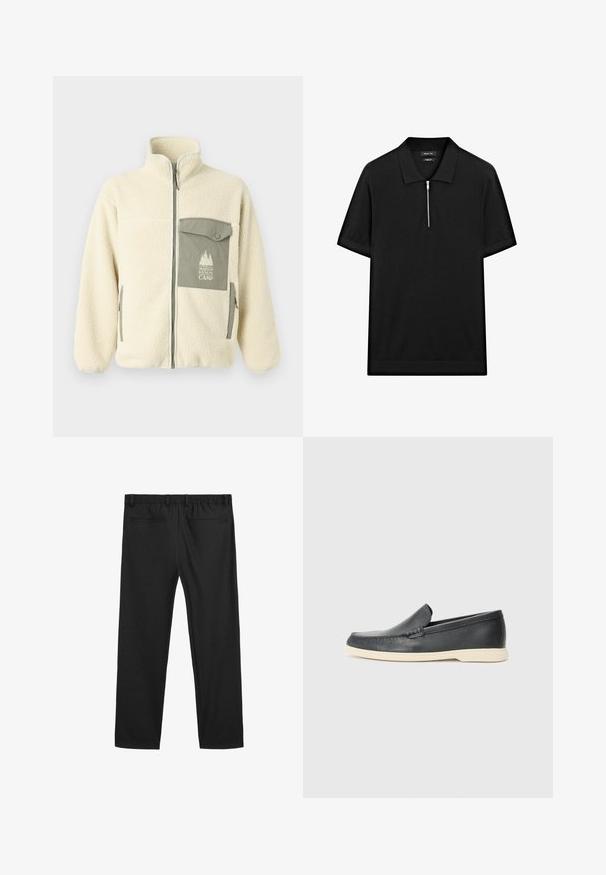 Fleecejacka i krämfärg med hög krage, framdragkedja och en grön bröstficka med en logotyp och knappstängning.; Svart kortärmad pikétröja med ståkrage och frontdragkedja. Tillverkad av ett mjukt tyg med en ren, minimalistisk design.; Svarta strumpbyxor med elastisk midja, två bakfickor och en lös passform. Slät tygtextur och rak ben design.; Svarta läder slip-on loafers med en texturerad yta och en kontrasterande beige gummisula. Har en subtil accent längs fram.
